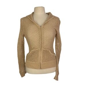ACROBAT Women Beige Crochet Knit Zip Up Hoodie Sweater Size L, Open Weave